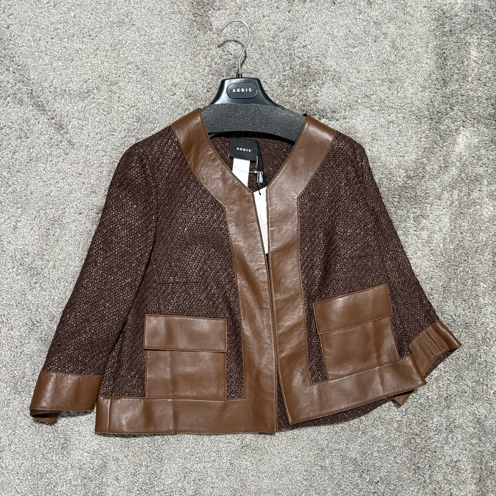 AKRIS NEW GATE Wool Blend Structured Tweed Jacket Lamb Leather Trim 14 $3,990.00 - Picture 5 of 16